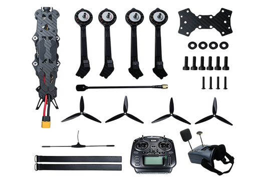 FPV drone parts kit with frame, straps, propellers, screws, and handheld controller