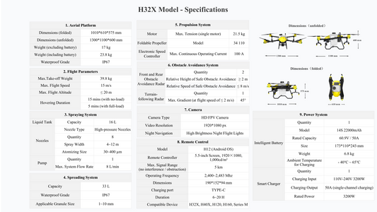 Agricultural drone specifications table with dimensions, motor data, range and tank capacity