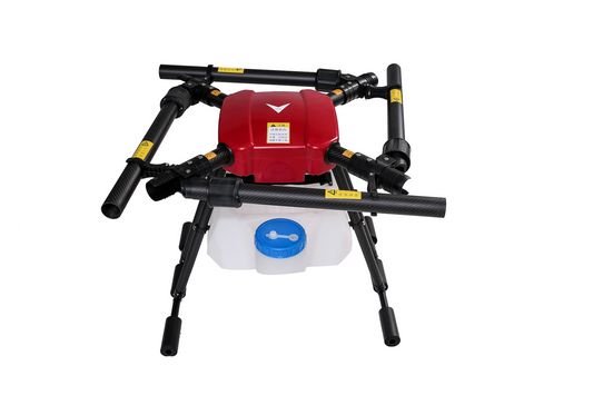 4-axis agricultural sprayer drone with red tank and black quadcopter frame