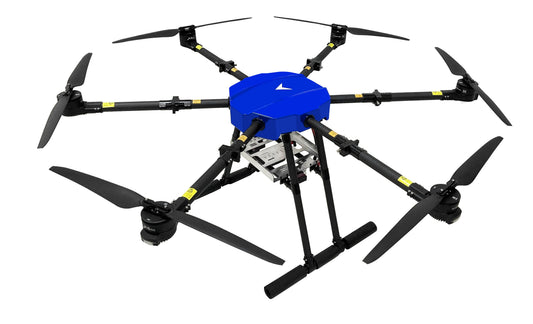 Agricultural spraying drone with blue central body and six black propellers on folding arms
