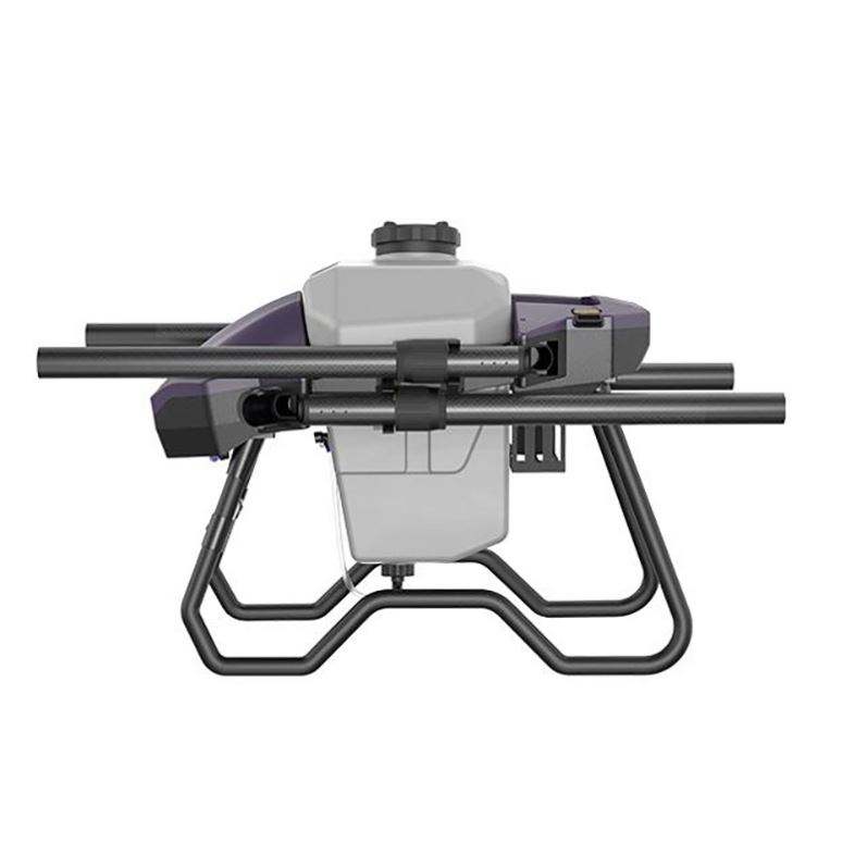 Agricultural drone front close-up with spray tank, landing legs, and black bars