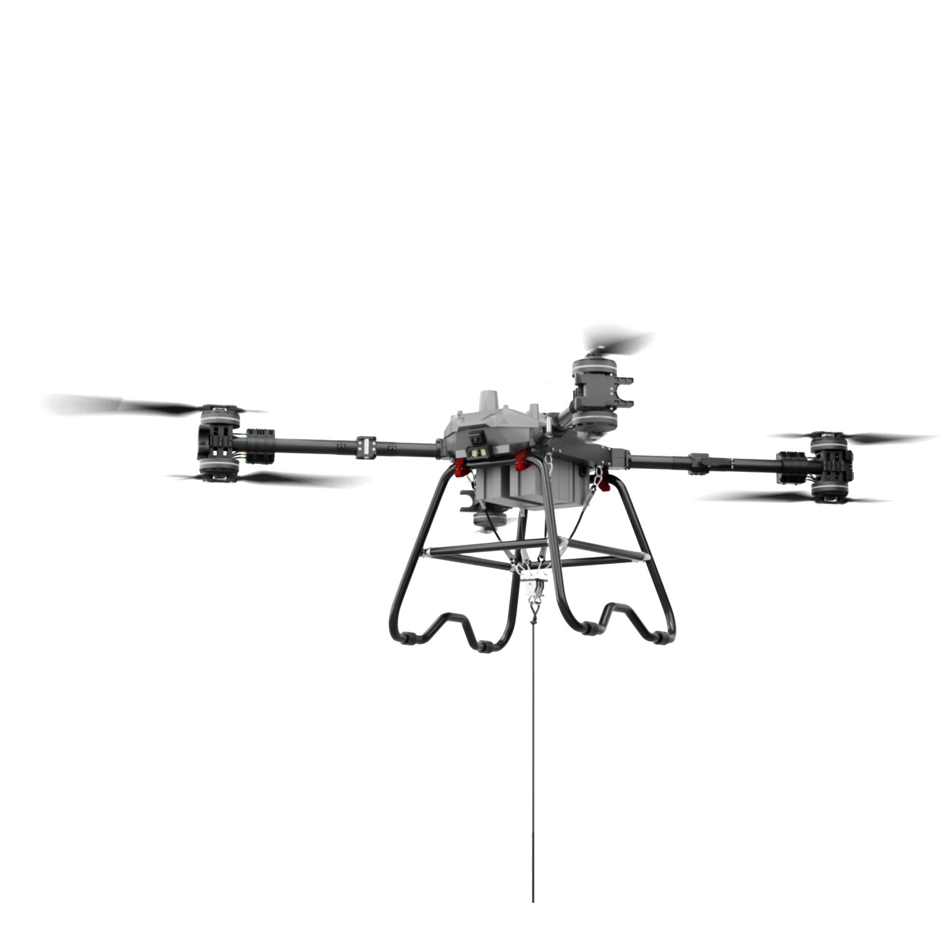 Side view of black and silver four-rotor transport drone with landing legs and rotors
