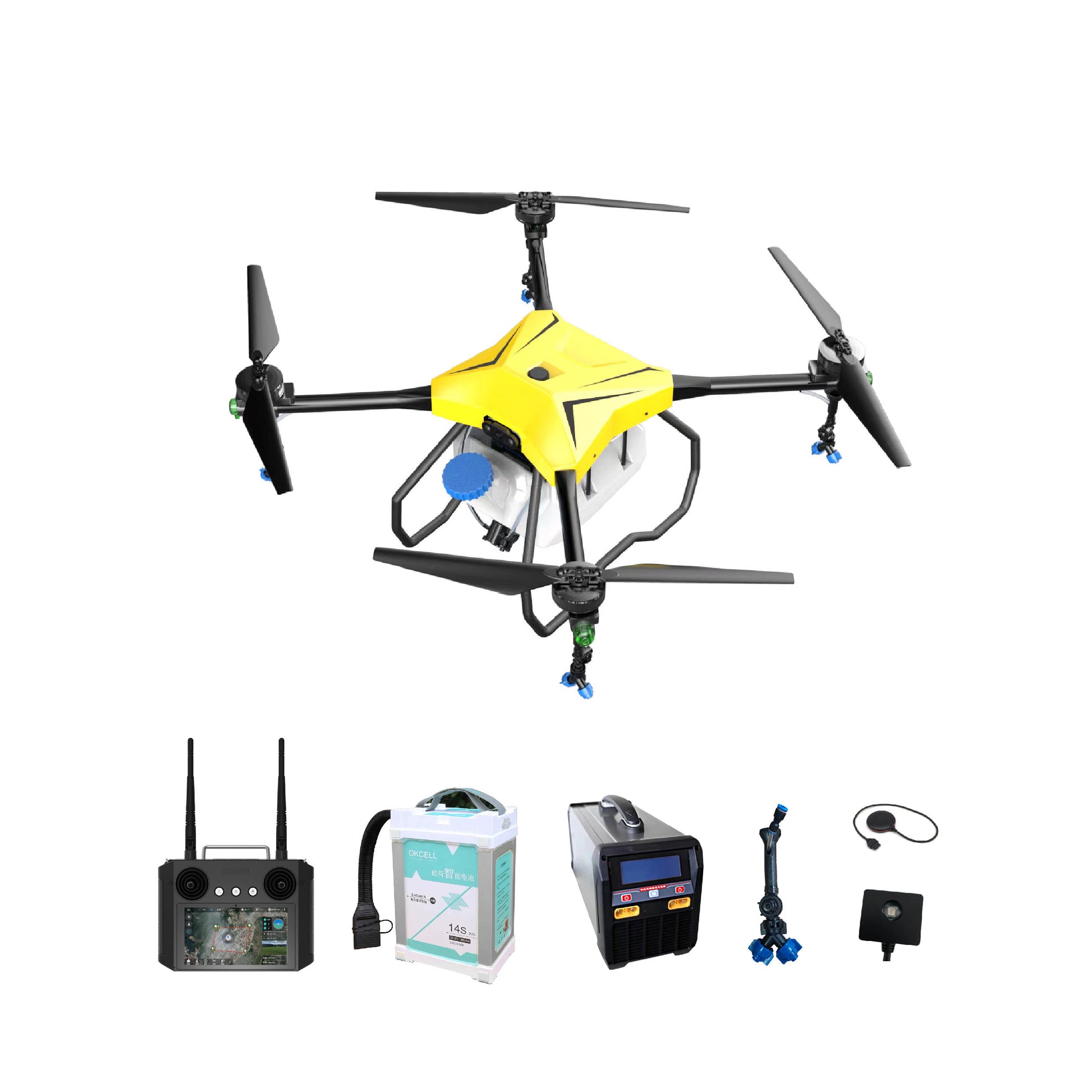Yellow agricultural drone with four propellers, gray sprayer tank, and accessory controllers