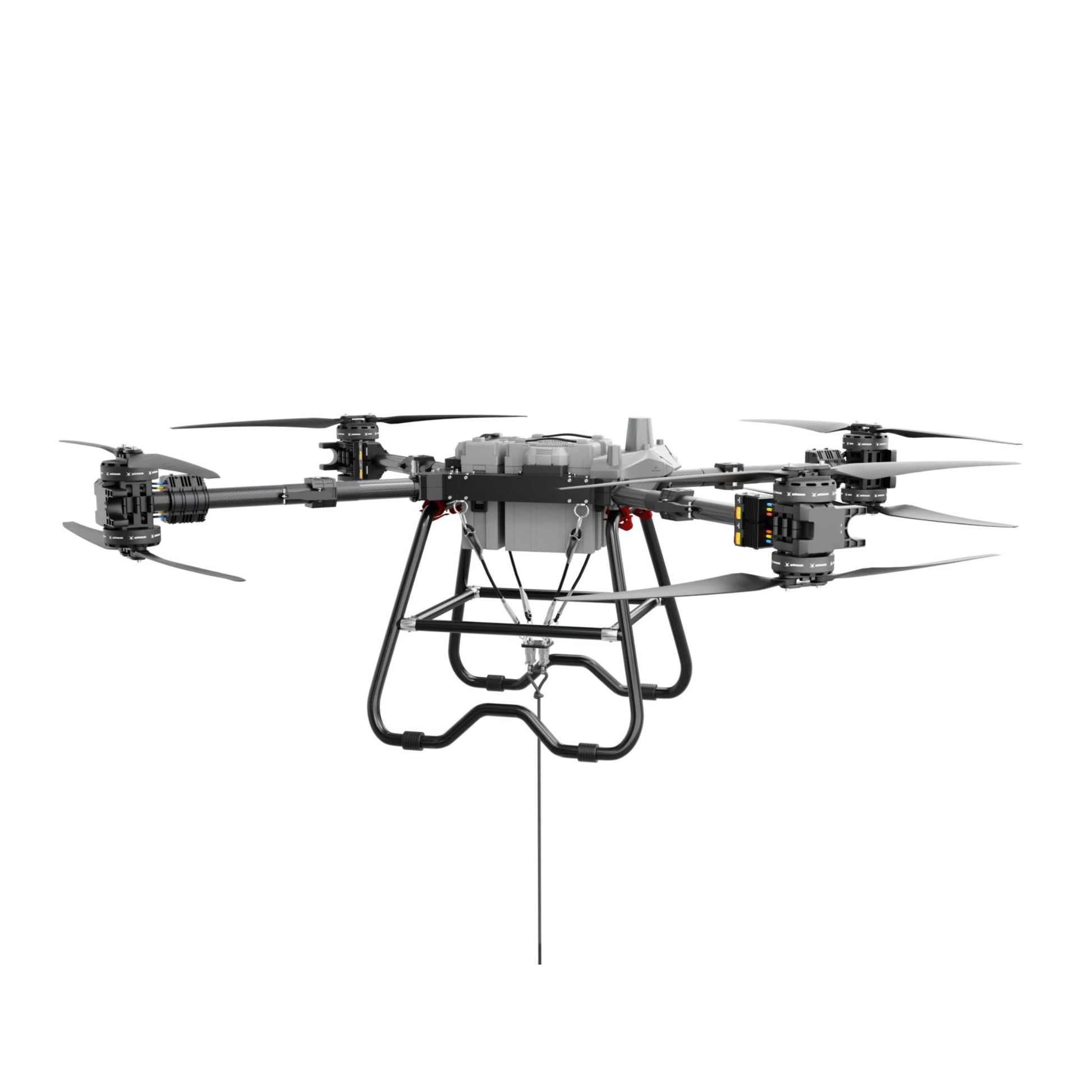 Black and silver four-rotor transport drone with landing legs, arms, and propellers