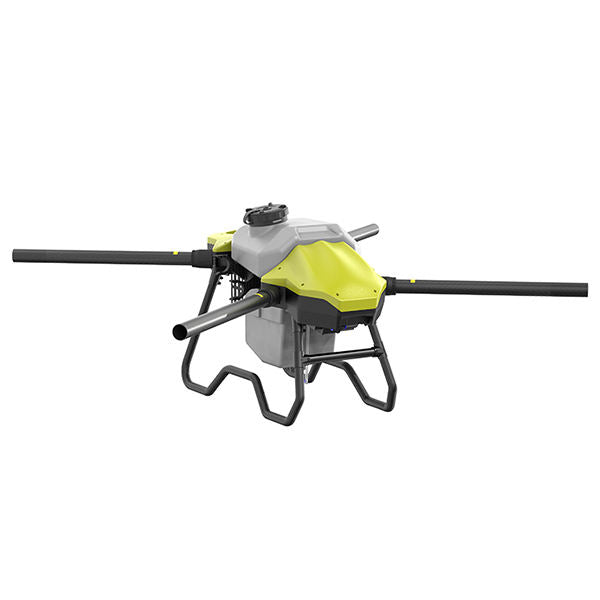 Agricultural spray drone angled view, yellow housing, grey body, four rotor arms