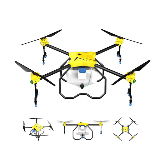 Yellow agricultural drone with four propellers and front spray module on landing frame
