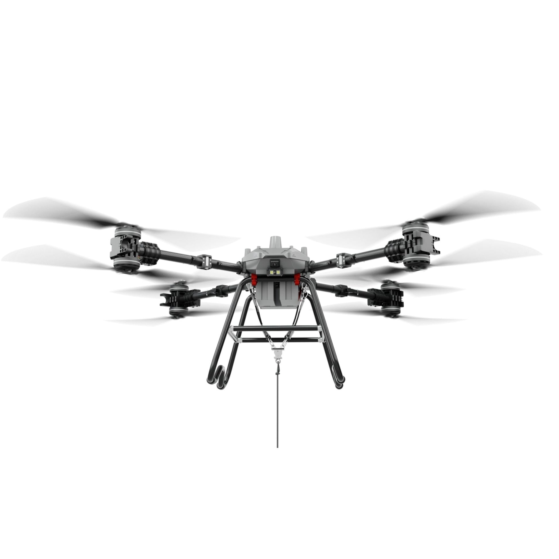 Front view of black and silver four-rotor transport drone with landing legs and propellers