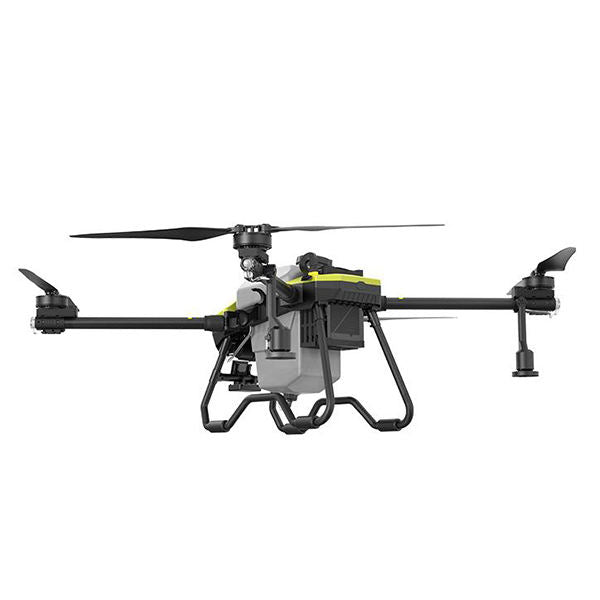 Agricultural drone side profile with yellow accents, four rotors, and landing frame