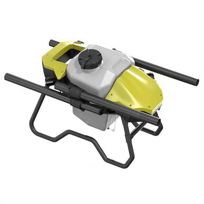 Agricultural drone top close-up with yellow panels, central cap, and frame