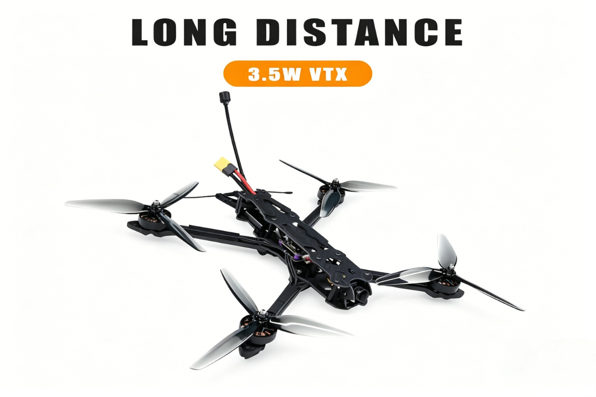 Black 7-inch FPV drone with four propellers and front antenna