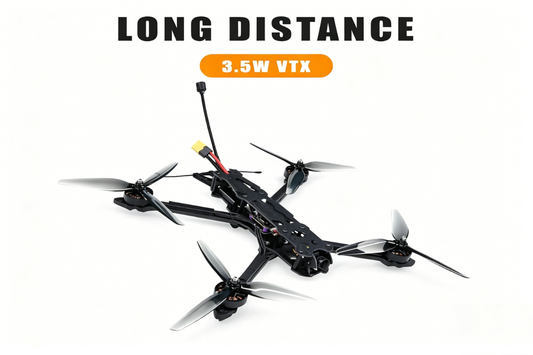 Black 7-inch FPV drone with four propellers and front antenna