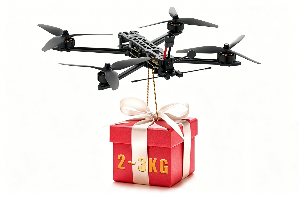 Black quadcopter FPV drone above a red gift box with ribbon