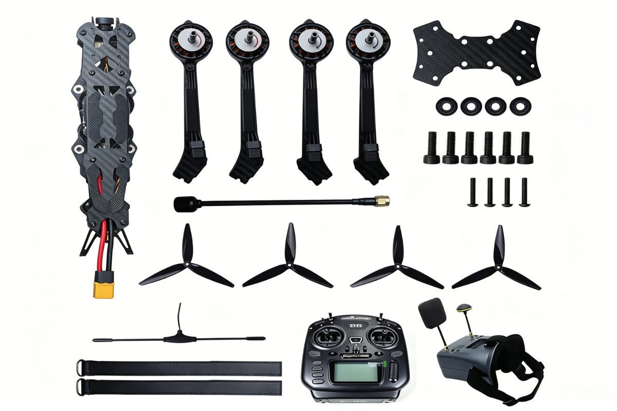 FPV drone accessory kit with motors, arms, propellers, controller, and straps.