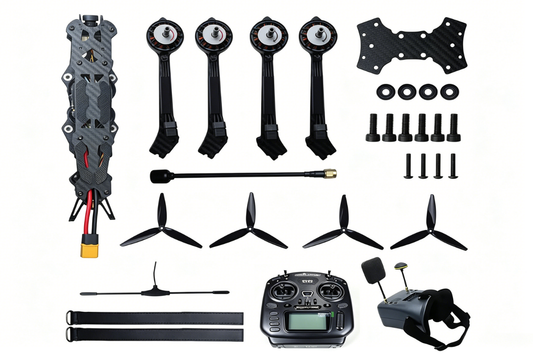 FPV drone accessory kit with motors, arms, propellers, controller, and straps.