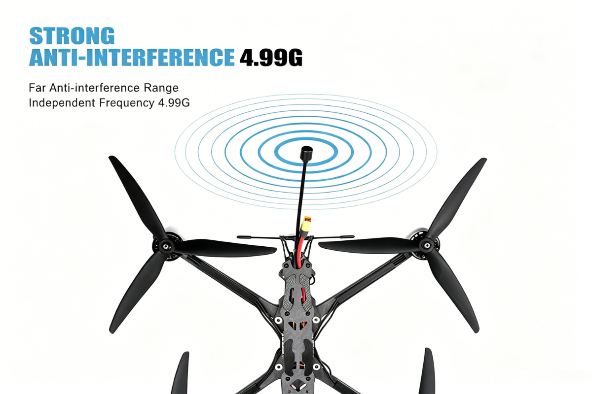 Black 10-inch FPV quadcopter drone front view with four propellers and antennas.