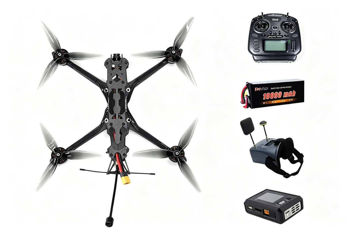 FPV drone kit with black quadcopter, remote controller and 10000 mAh battery