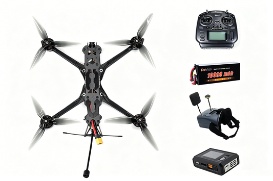 FPV drone kit with black quadcopter, remote controller and 10000 mAh battery