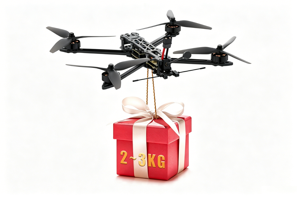 FPV drone kit, black quadcopter with mounted frame over 2–3kg payload box