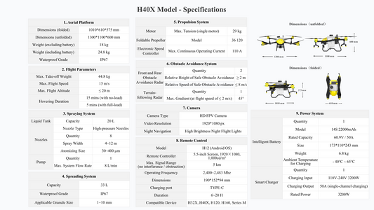 Agricultural drone model specifications table with dimensions and battery details