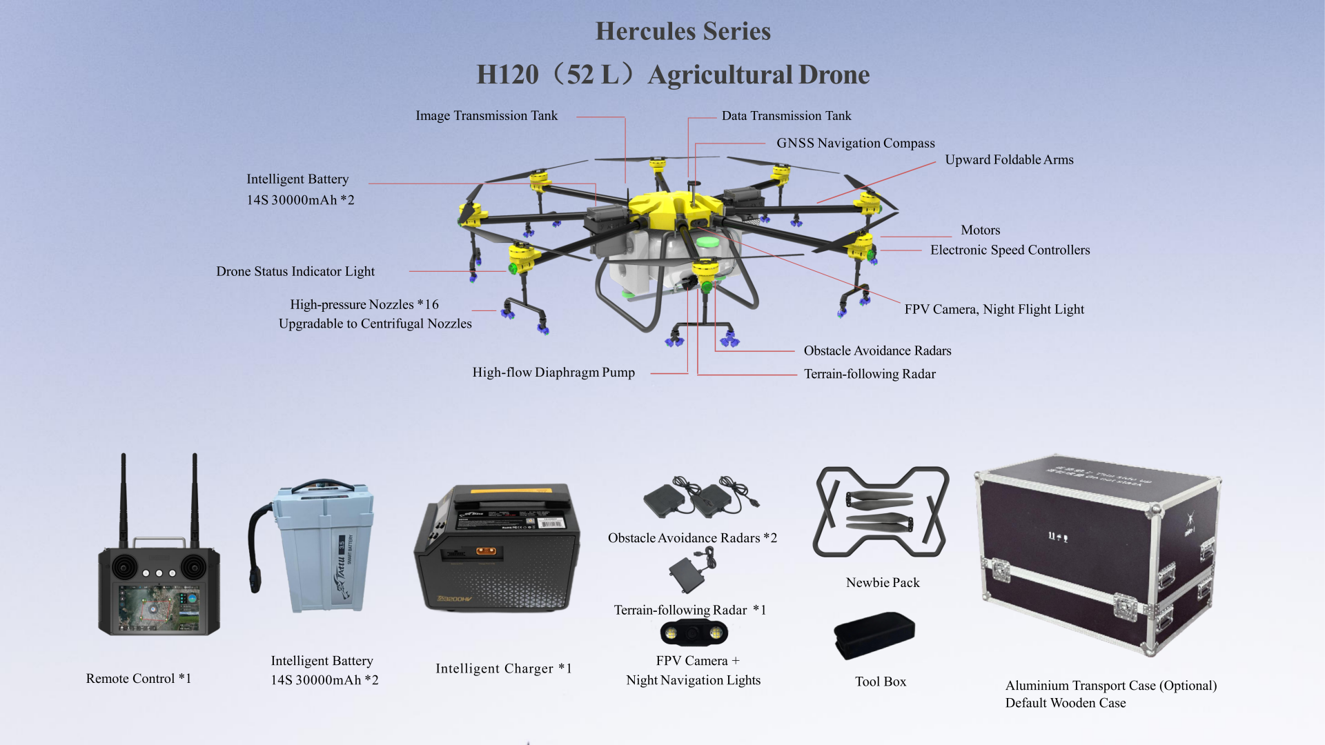 Agricultural drone with yellow frame, sprayer arms and obstacle-avoidance radar