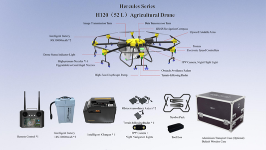 Agricultural drone with yellow frame, sprayer arms and obstacle-avoidance radar