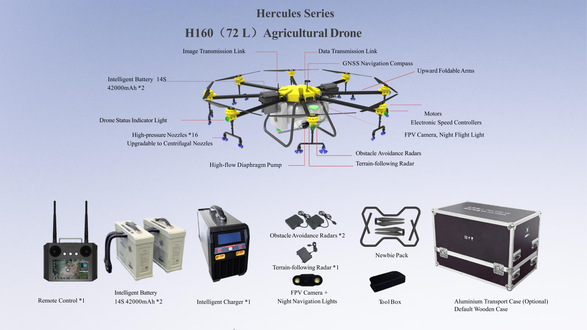 Agricultural UAV drone with 4 rotors and spray/spreading payload arms