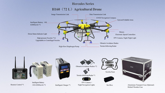 Agricultural UAV drone with 4 rotors and spray/spreading payload arms