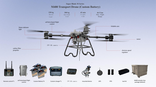 Black transport drone with accessories shown, including controller, battery, and mount