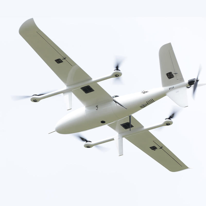 Light green fixed-wing UAV with three landing wheels, twin propellers, and side sensors