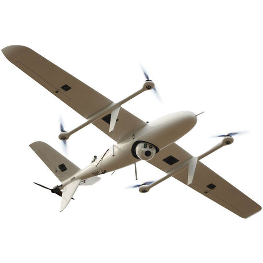 White quadcopter drone with four propellers and dark camera module on body