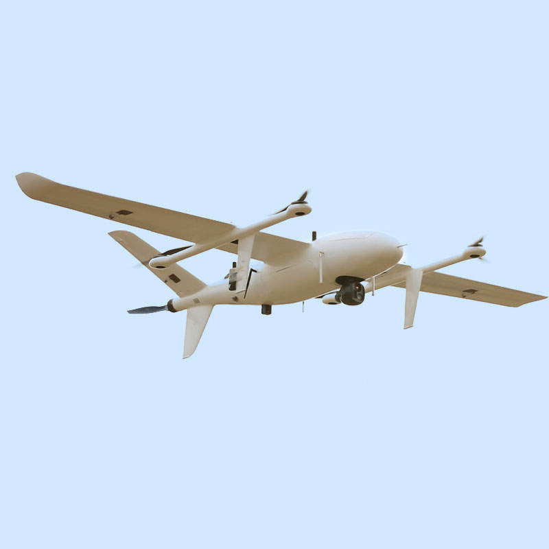 White drone with four propellers and front camera bay, side view