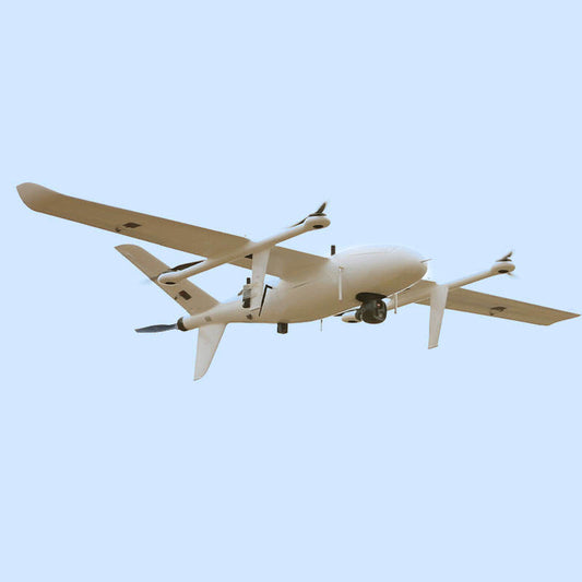 White drone with four propellers and front camera bay, side view