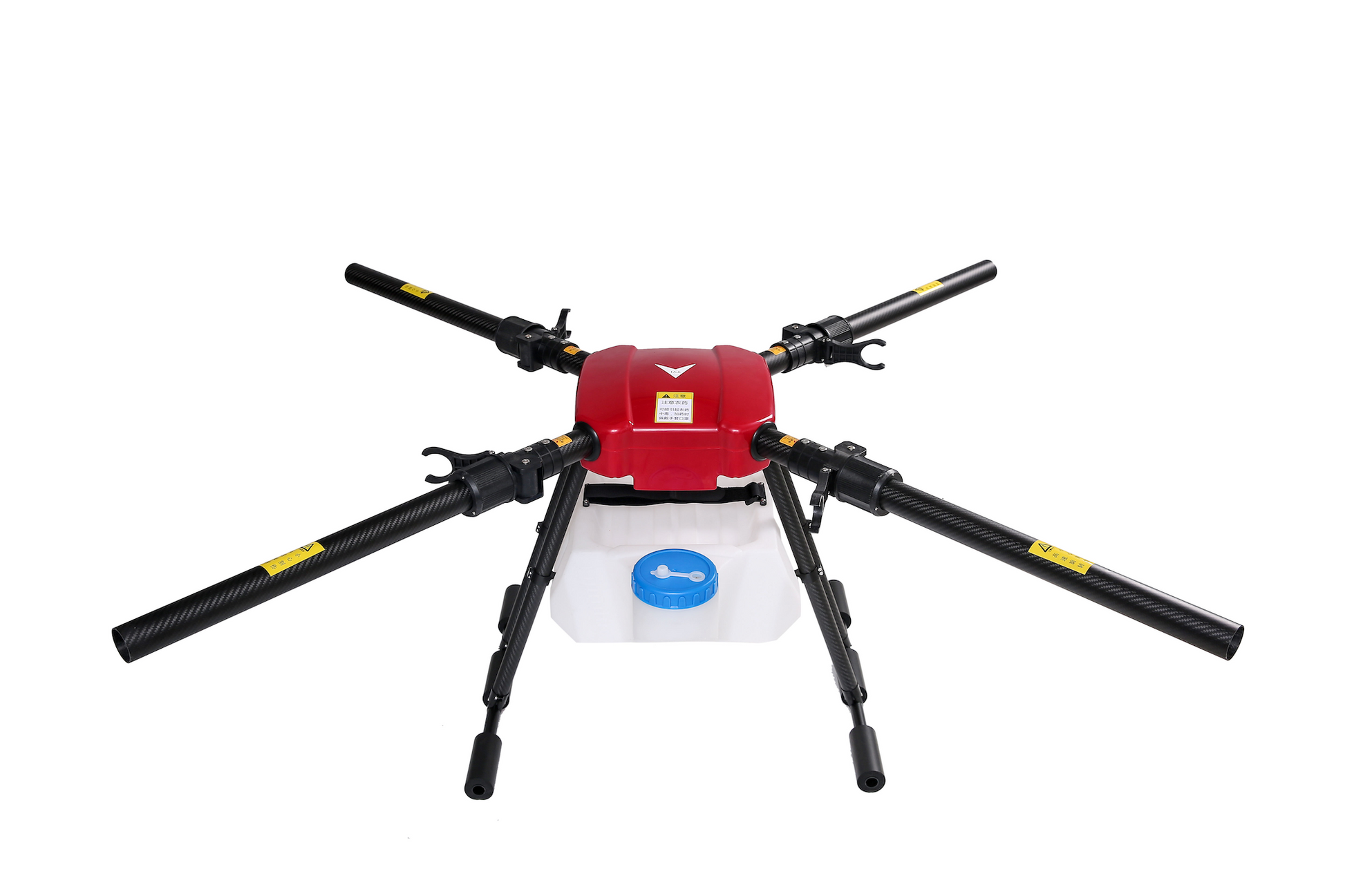 Agricultural sprayer drone with red top, four black arms, blue cap on white tank.