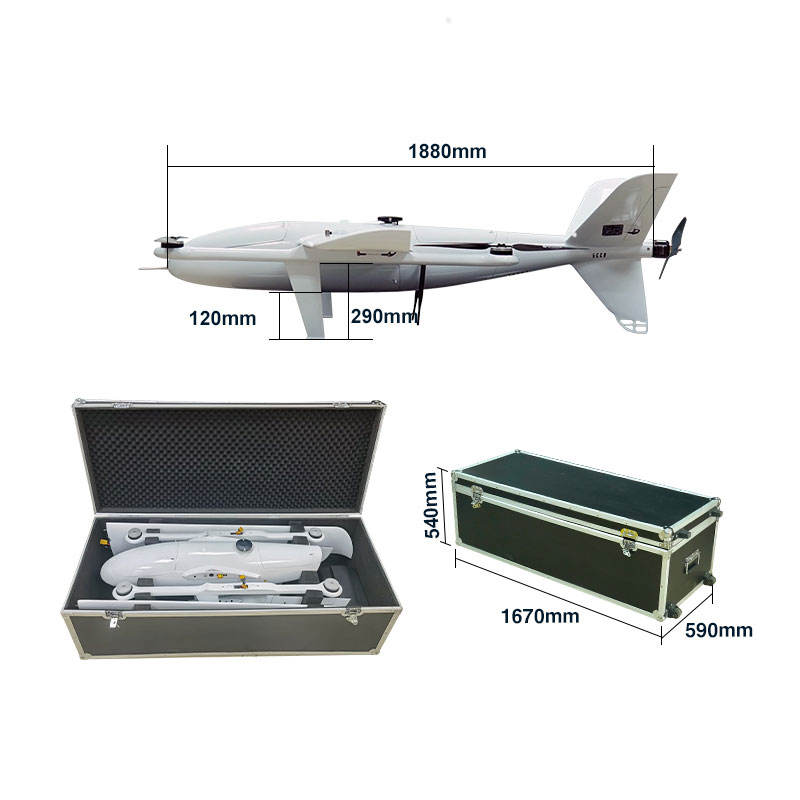 White drone side profile with size diagram; hard case and foam insert included