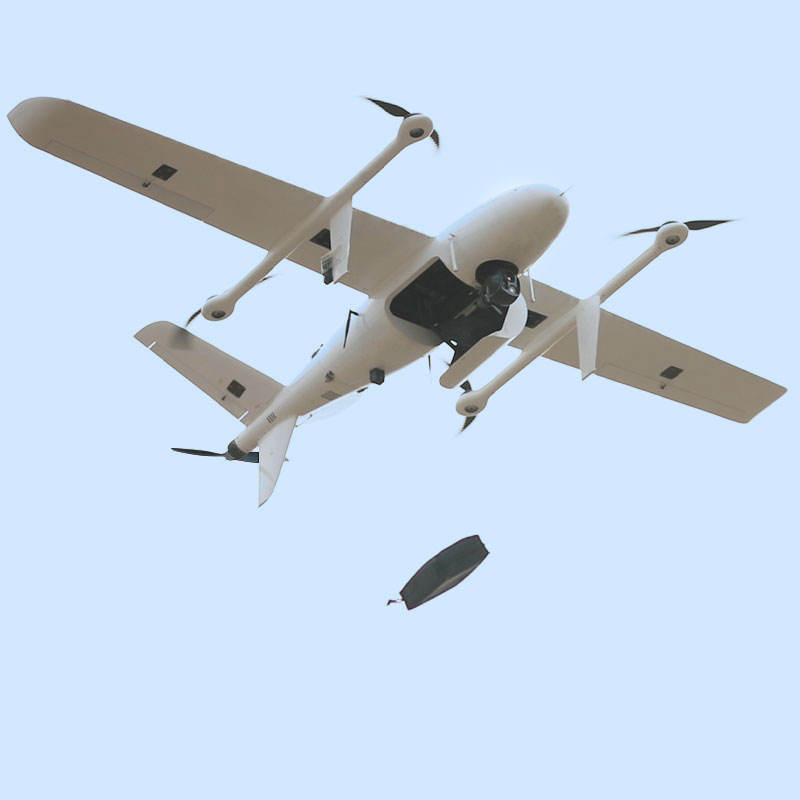 White drone top view with four propellers and dark camera beneath fuselage